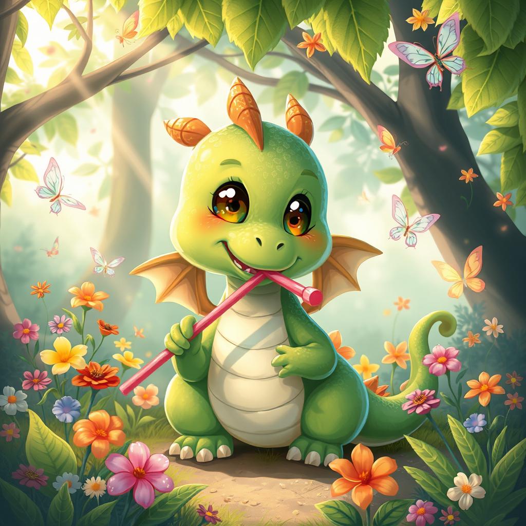 A whimsical and vibrant illustration of a cute, chubby dragon suckling on a lollipop in a lush, enchanted forest