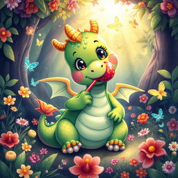 A whimsical and vibrant illustration of a cute, chubby dragon suckling on a lollipop in a lush, enchanted forest