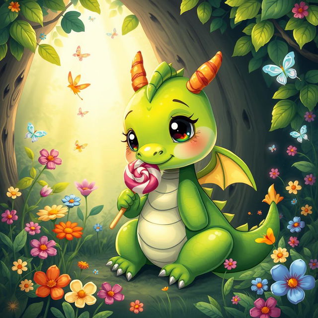 A whimsical and vibrant illustration of a cute, chubby dragon suckling on a lollipop in a lush, enchanted forest