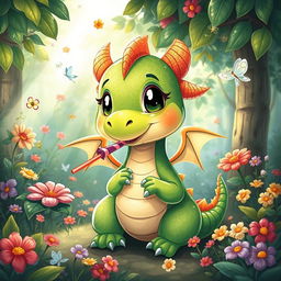 A whimsical and vibrant illustration of a cute, chubby dragon suckling on a lollipop in a lush, enchanted forest