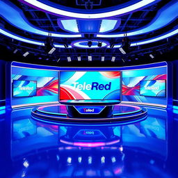 A recording set for a television channel named TeleRed, predominantly featuring a vibrant blue color scheme