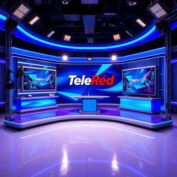 A recording set for a television channel named TeleRed, predominantly featuring a vibrant blue color scheme