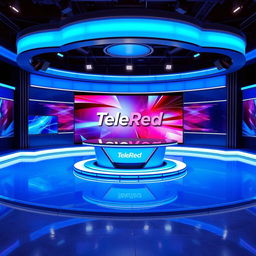 A recording set for a television channel named TeleRed, predominantly featuring a vibrant blue color scheme