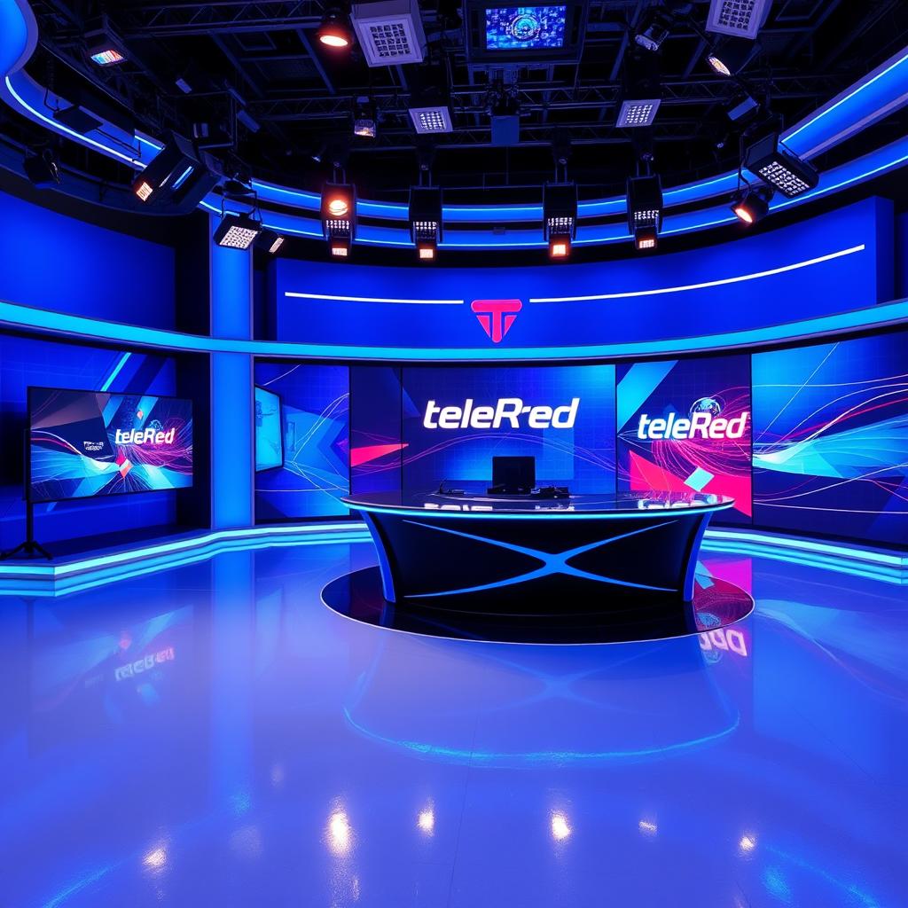 A recording set for a television channel named TeleRed, predominantly featuring a vibrant blue color scheme