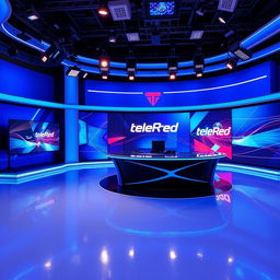 A recording set for a television channel named TeleRed, predominantly featuring a vibrant blue color scheme