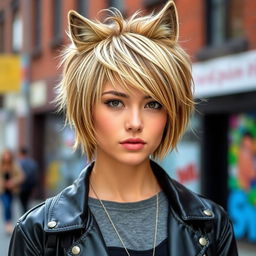 A trendy individual with a wolf cut hairstyle, showcasing layered hair in a mix of blonde and brown tones, with longer pieces framing the face and shorter layers at the back