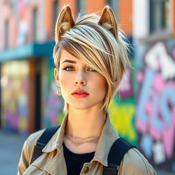 A trendy individual with a wolf cut hairstyle, showcasing layered hair in a mix of blonde and brown tones, with longer pieces framing the face and shorter layers at the back