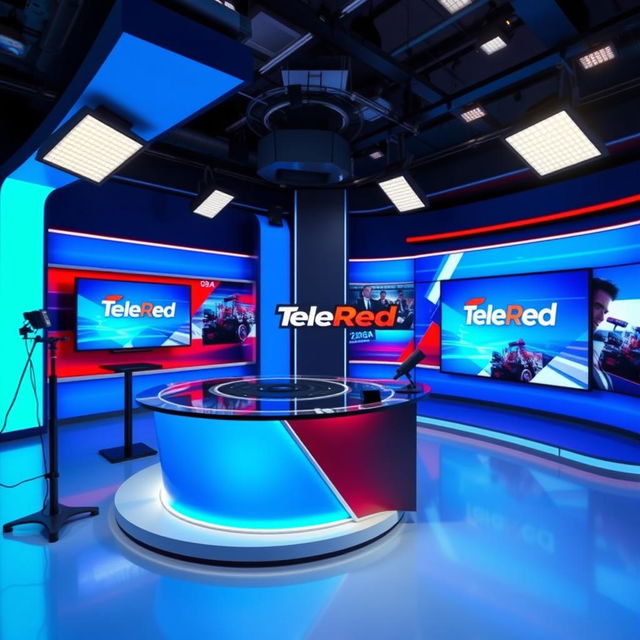 A vibrant recording set for a television channel named TeleRed, characterized by its bold blue color scheme