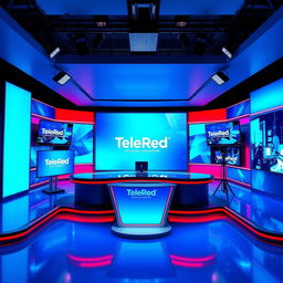 A vibrant recording set for a television channel named TeleRed, characterized by its bold blue color scheme