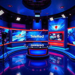 A vibrant recording set for a television channel named TeleRed, characterized by its bold blue color scheme