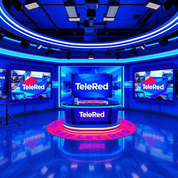 A vibrant recording set for a television channel named TeleRed, characterized by its bold blue color scheme