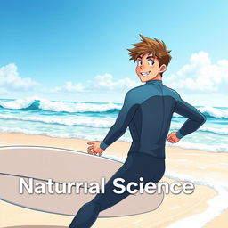 An educational natural science graphic novel anime-style cover featuring a friendly teen male surfer in a wetsuit