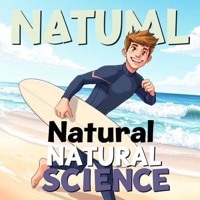 An educational natural science graphic novel anime-style cover featuring a friendly teen male surfer in a wetsuit