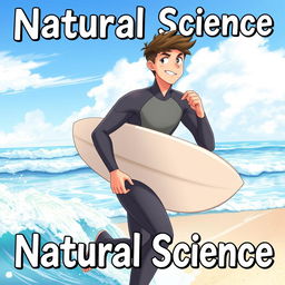 An educational natural science graphic novel anime-style cover featuring a friendly teen male surfer in a wetsuit