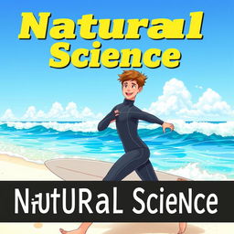 An educational natural science graphic novel anime-style cover featuring a friendly teen male surfer in a wetsuit
