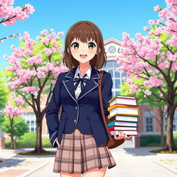A vibrant and lively illustration of a high school girl wearing a stylish, modern school uniform