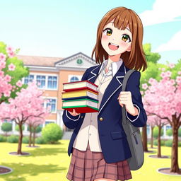 A vibrant and lively illustration of a high school girl wearing a stylish, modern school uniform