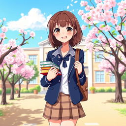 A vibrant and lively illustration of a high school girl wearing a stylish, modern school uniform