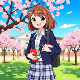 A vibrant and lively illustration of a high school girl wearing a stylish, modern school uniform