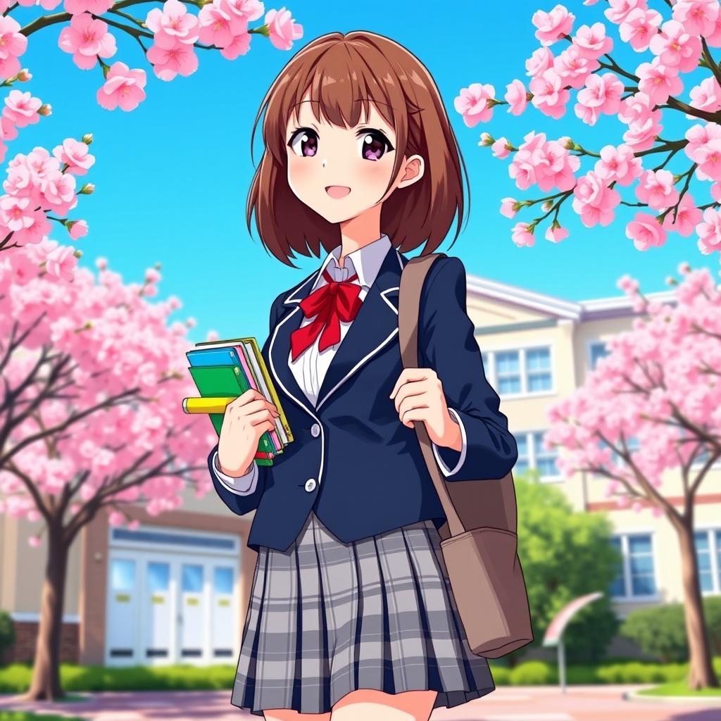 A vibrant and lively illustration of a high school girl wearing a stylish, modern school uniform