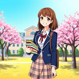 A vibrant and lively illustration of a high school girl wearing a stylish, modern school uniform