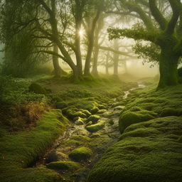 A serene landscape with deep-green moss covering ancient cobblestone paths, an ethereal fog settling over towering trees, crossing a small babbling brook glistening under the early morning sun rays.