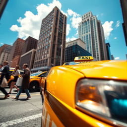 A vibrant yellow taxi car parked on a busy city street, with tall skyscrapers in the background