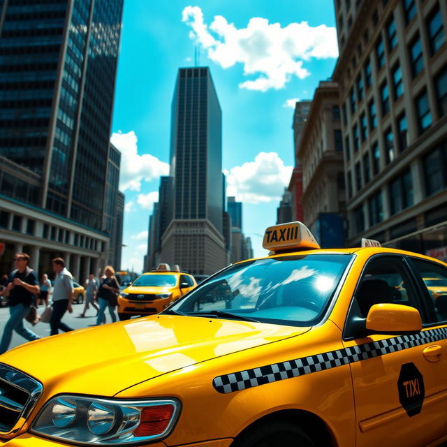 A vibrant yellow taxi car parked on a busy city street, with tall skyscrapers in the background