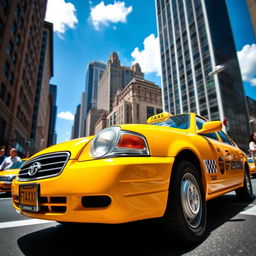 A vibrant yellow taxi car parked on a busy city street, with tall skyscrapers in the background