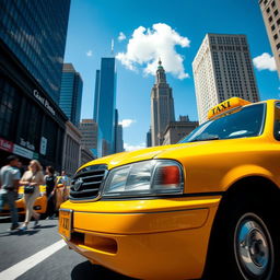 A vibrant yellow taxi car parked on a busy city street, with tall skyscrapers in the background