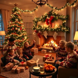 A cozy living room in the evening light, centered around a large, beautifully decorated Christmas tree adorned with twinkling garlands and ornaments