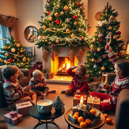 A cozy living room in the evening light, centered around a large, beautifully decorated Christmas tree adorned with twinkling garlands and ornaments