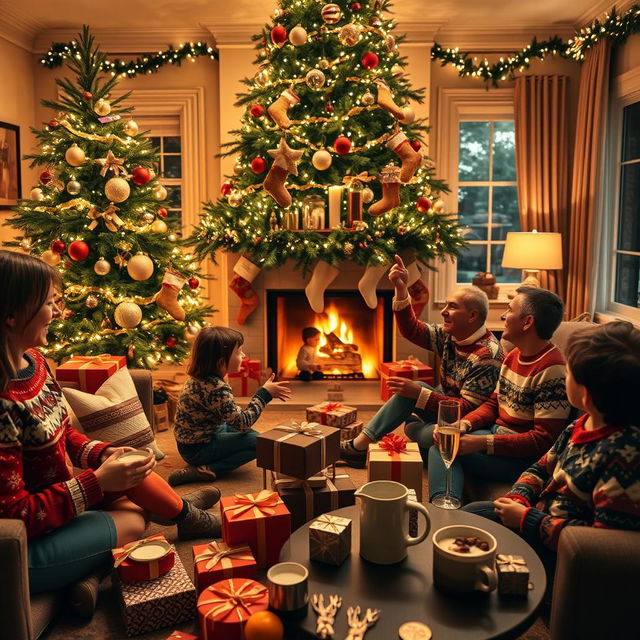 A cozy living room in the evening light, centered around a large, beautifully decorated Christmas tree adorned with twinkling garlands and ornaments