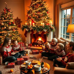 A cozy living room in the evening light, centered around a large, beautifully decorated Christmas tree adorned with twinkling garlands and ornaments