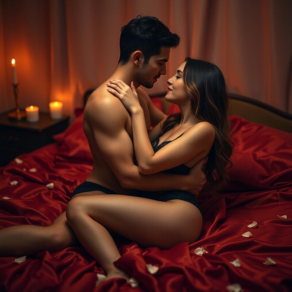 A sensual and romantic scene displaying two adult figures in an intimate embrace, evoking a sense of passion and connection
