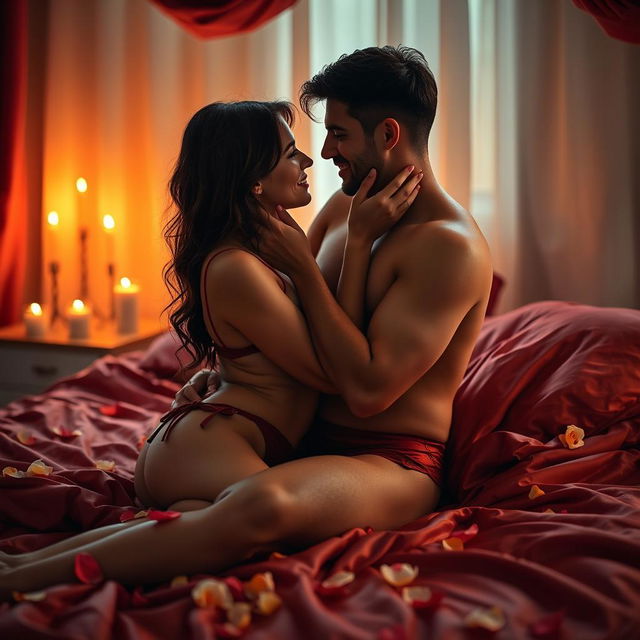 A sensual and romantic scene displaying two adult figures in an intimate embrace, evoking a sense of passion and connection