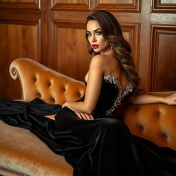 a glamorous woman lounging elegantly on a plush velvet chaise, wearing a stunning evening gown that sparkles with jewels, her makeup is flawlessly applied enhancing her features, her hair cascades in soft waves down her shoulders, the background is a luxurious wood panel wall, exuding sophistication and warmth, the lighting is soft and highlights the richness of the wood and the luxury of the scene