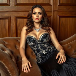 a glamorous woman lounging elegantly on a plush velvet chaise, wearing a stunning evening gown that sparkles with jewels, her makeup is flawlessly applied enhancing her features, her hair cascades in soft waves down her shoulders, the background is a luxurious wood panel wall, exuding sophistication and warmth, the lighting is soft and highlights the richness of the wood and the luxury of the scene
