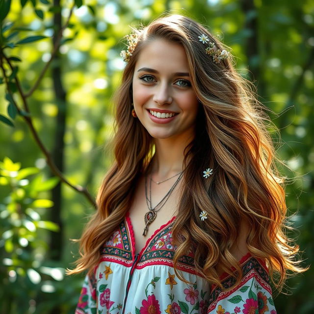 A vibrant portrait of a young woman with flowing long wavy hair, dressed in a colorful bohemian outfit, standing against a lush green forest background