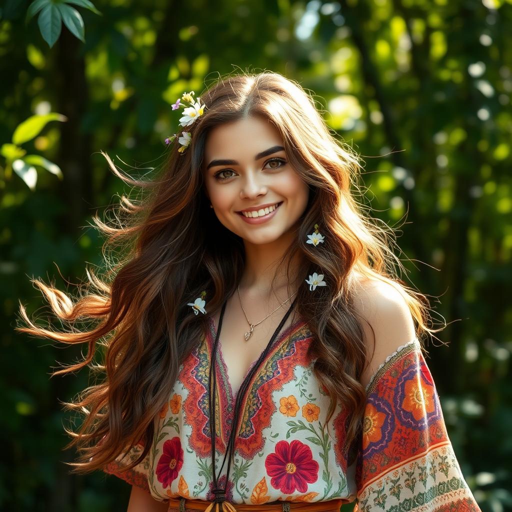 A vibrant portrait of a young woman with flowing long wavy hair, dressed in a colorful bohemian outfit, standing against a lush green forest background