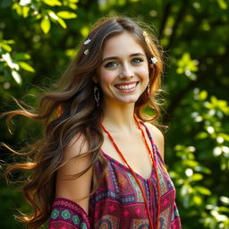 A vibrant portrait of a young woman with flowing long wavy hair, dressed in a colorful bohemian outfit, standing against a lush green forest background