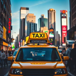 A vibrant city scene featuring a yellow taxi car driving through bustling streets