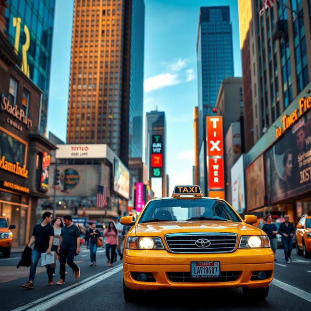 A vibrant city scene featuring a yellow taxi car driving through bustling streets