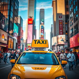 A vibrant city scene featuring a yellow taxi car driving through bustling streets