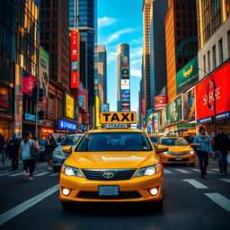 A vibrant city scene featuring a yellow taxi car driving through bustling streets