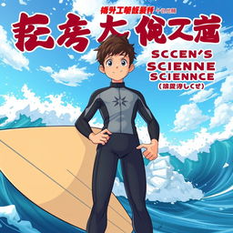 An anime-style cover art for an educational science graphic novel featuring a friendly, athletic teen boy surfer