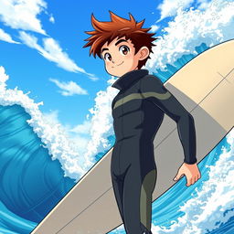 An anime-style cover art for an educational science graphic novel featuring a friendly, athletic teen boy surfer