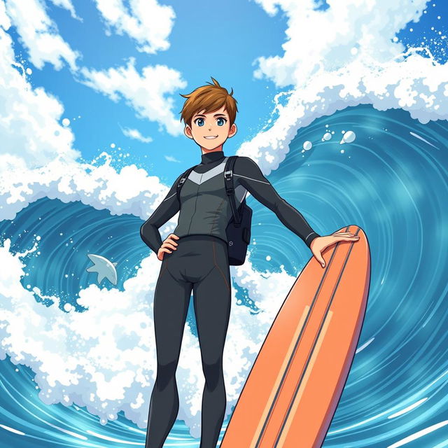 An anime-style cover art for an educational science graphic novel featuring a friendly, athletic teen boy surfer