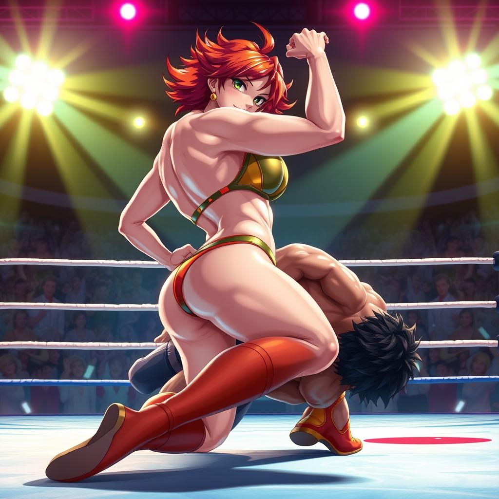 A dynamic scene featuring Hephaestus from DanMachi in a vibrant wrestling match