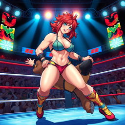 A dynamic scene featuring Hephaestus from DanMachi in a vibrant wrestling match